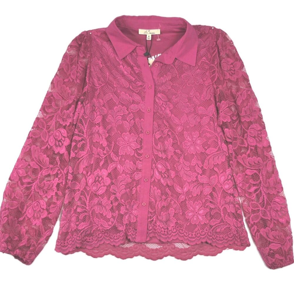 NWT Les Serein Lace Long Sleeve Button Up Top Pink Collard Lined